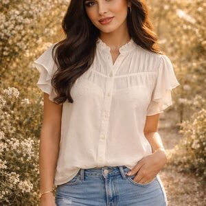 Philosophy Ivory Ruffle Sleeve Blouse Petite Small Sheer Feminine Top